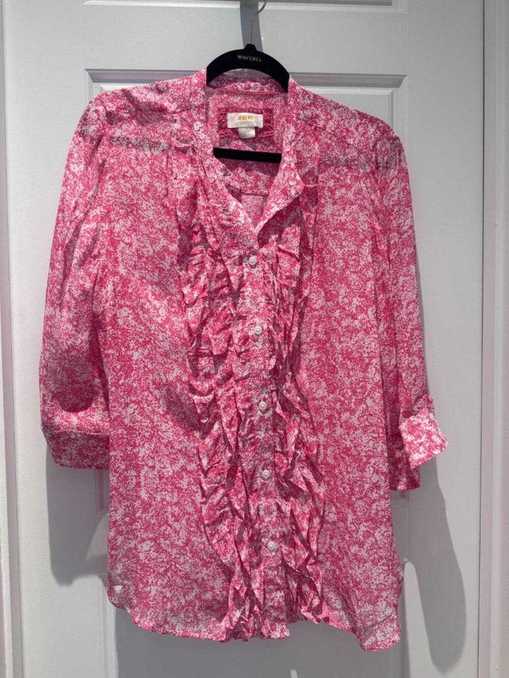 Anthropologie Maeve Ruffle-Front Buttondown Shirt Large Pink White Viscose